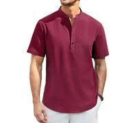 Enlision Camisa Lino Hombre Borgoña Manga Corta Sin Cuello Mao Camisa Hombres Verano Casual Camisetas con Botónes Elegantes Playa M