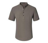 Enlision Camisa Lino Hombre Manga Corta Sin Cuello Mao Camisa Hombres Verano Casual Camisetas con Botónes Elegantes Playa Marrón 2XL