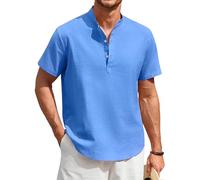 Enlision Camisa Lino Hombre Verano Manga Corta Camisas Azul Reale Hombres Cuello Mao Casual Elegantes Playa Camisetas con Botónes Ibicenca Ropa L