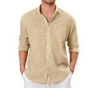 Enlision Camisas Lino Beige Hombre Manga Larga Verano Algodon Camisa Amarillo Claro para Hombres Cuello Mao Casual Henley Shirt Elegantes Playa 4XL