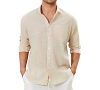Enlision Camisas Lino Hombre Beige Manga Larga Verano Camisa Caqui Hombres de Algodon Cuello Mao Casual Henley Shirts Playa Boda Ligera 4XL