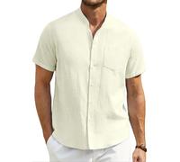 Enlision Camisas Lino Hombre Manga Corta Verano Camisa Cuello Mao Hombre Henley Shirt Camisetas de Lino Algodon con Botónes Tops Cream Casual Playa Boda 3XL