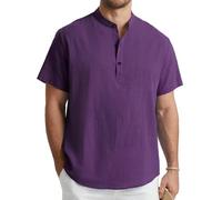 Enlision Camisas Lino Hombre Manga Corta Verano Camisa Morada para Hombres Cuello Mao Casual Elegantes Playa Camisetas con Botónes Ibicenca Ropa XXL