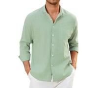 Enlision Camisas Lino Hombre Verde Salvia Manga Larga Verano Camisa para Hombres de Algodon Cuello Mao Casual Henley Shirts Elegantes Playa Ligera 4XL