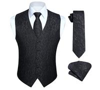 Enlision Chaleco de Vestir Negro Hombre Boda Jacquard Paisley Elegante Chalecos Traje Corbata y Pañuelo Floral de Fiesta M