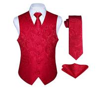 Enlision Chaleco de Vestir rojo Hombre Boda Jacquard Paisley Elegante Chalecos Traje Corbata y Pañuelo Floral de Fiesta 2XL