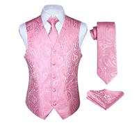 Enlision Chaleco de Vestir rosado Hombre Boda Jacquard Paisley Elegante Chalecos Traje Corbata y Pañuelo Floral de Fiesta M