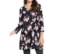 Enmain Blusas Mujer Camiseta Manga Larga Tallas Grandes Elegante Tunica Larga Manga 3/4 Cuello Redondo Top Floral Estampada Fiesta Negra y Rosa XL