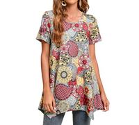 Enmain Camiseta Manga Corta Mujer Blusa Larga Dobladillo Desigual Camisa con Cuello Redondo Floral Tallas Grandes Tunica Vestido Top Holgado Cómodo L