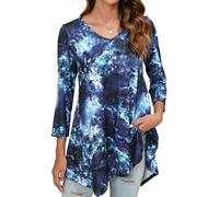 Enmain Camiseta Manga Larga Mujer Blusas de Mujer Elegantes Otoño Mangas 3/4 Camisetas Largas Tunica Mujer Talla Grande Cuello en V para Leggings Azul Marino 3XL