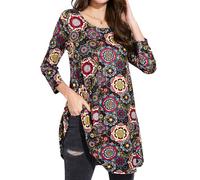 Enmain Camiseta Manga Larga Mujer Blusas Tallas Grandes Elegante Tunica Larga Manga 3/4 Cuello Redondo Top Estampada Fiesta Casual Negra y Azul L