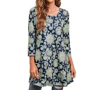 Enmain Camiseta Manga Larga para Mujer Paisley Tunica Blusa Elegante Manga 3/4 Larga T Shirt Casual Loose Fit Cuello Redondo,Azul Marino,L