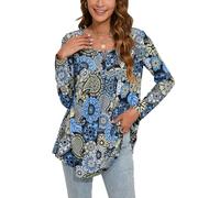Enmain Mujeres Casual Túnica Tops Manga Larga Plisado Señoras Swing Tops Blusa Suelta Botones hasta V-Cuello Más Tamaño Túnica Camiseta para Mujer S-3XL