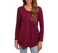 Enmain Mujeres Casual Túnica Tops Manga Larga Plisado Señoras Swing Tops Blusa Suelta Botones hasta V-Cuello Más Tamaño Túnica Camiseta para Mujer S-3XL