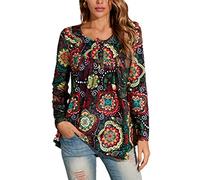 Enmain Mujeres Casual Túnica Tops Manga Larga Plisado Señoras Swing Tops Blusa Suelta Botones hasta V-Cuello Más Tamaño Túnica Camiseta para Mujer S-3XL