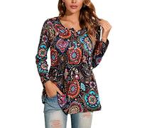 Enmain Mujeres Casual Túnica Tops Manga Larga Plisado Señoras Swing Tops Blusa Suelta Botones hasta V-Cuello Más Tamaño Túnica Camiseta para Mujer S-3XL