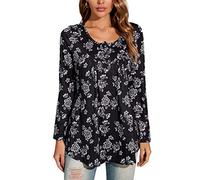 Enmain Mujeres Casual Túnica Tops Negro Floral Blusa Suelta Manga Larga Plisada Señoras Swing Tops Botones hasta V-Cuello Más Tamaño Túnica Camiseta para Mujer L
