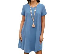 Enmain Vestido de Lino Azul Verano Mujer Manga Corta y Pico Vestidos Mujer Casual Midi Playa con Bolsillos sin Accesorios S