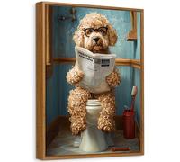 Enmarcado Cuadro Moderno Caniche en el Inodoro Leyendo el Periódico Cuadro Decoracion Divertido Animal Lienzo Pintura Imagen Póster Cuadros Decorativos Salon Baño Aseo WC Decoracion Pared 30x40cm