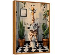 Enmarcado Cuadro Moderno Cuarto de Baño Cuadro Decoracion Jirafa Divertida Leyendo el Periódico en el Inodoro Lienzo Pintura Imagen Animales Cuadros Decorativos Baño Aseo Inodoro WC 30x40cm