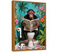 Enmarcado Cuadro Moderno Mono Divertido Cuadro Decoracion Mono Leyendo el Periódico en el Inodoro Lienzo Pintura Imagen Cocoteros Tropicales Cuadros Decorativos Baño Aseo Inodoro WC 30x40cm