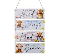Ennoxwi 4 Pcs Cuadros de Pared de Madera de Vaca de las Tierras Altas,Decoración Rústica Granja con Citas Inspiradoras,Letrero Colgante Rustico para Baño,Dormitorio,Cocina,Regalo Positivo para Regalar