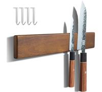 ENOKING Barra Magnetica para Cuchillos 40 cm, Imán Cuchillos Sin Taladrar, Fuerte Soporte Imán Cuchillos Cocina de Madera de Acacia con 4 Ganchos