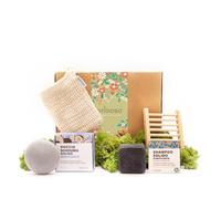 Enooso - Caja de Regalo con 4 Productos de Belleza - Champú Sólido Purificante, Gel de Ducha de Coco y Monoi + Bolsita de Algodón y Jabonera | Set de Regalo | Ecosostenible y Vegano