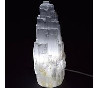 Enorme lámpara de selenita de satén de 8 libras, 11.5 pulgadas, cristal natural, torre única, decoración en forma de montaña, piedra mineral con cable y bombilla LED, Marruecos