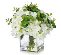 ENOVA Floral Silk Hydrangea Artificial Flowers with Vase, Mixed Fake White Hydrangea Flowers and Greenery in Faux Water Vase for Dining Table Decoration, Wedding Centerpieces (Cream White)