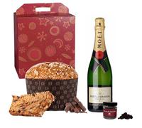 ENOVINOS Cesta Gourmet Regalo Navidad Empresas, Familia y Amigos - Caja con Champagne Moet y Chandon, Panettone Antonella de Chocolate y Rocas de Raúl Asencio