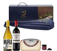 ENOVINOS Cesta Gourmet Regalo Navidad Empresas, Familia y Amigos - Caja con Paleta 5 Cinco Jotas, Vino Blanco Godello, Vino Tinto Ramón Bilbao, Queso Molinos y Rocas de Chocolate de Raúl Asencio