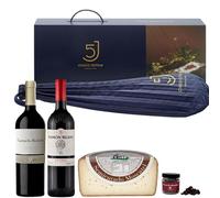 ENOVINOS Cesta Gourmet Regalo Navidad Empresas, Familia y Amigos - Caja con Paleta 5 Cinco Jotas, Vino Tinto Ramón Bilbao, Vino Carmelo 9M, Queso Molinos y Rocas de Chocolate de Raúl Asencio