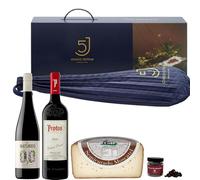 ENOVINOS Cesta Gourmet Regalo Navidad Empresas, Familia y Amigos - Caja con Paleta 5 Cinco Jotas, Vino Tinto Protos, Vino Blanco Natureo, Queso Molinos y Rocas de Chocolate de Raúl Asencio