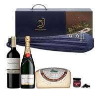 ENOVINOS Cesta Gourmet Regalo Navidad Empresas, Familia y Amigos - Caja con Paleta 5 Cinco Jotas, Vino Tinto Carmelo 9M, Champagne Moet, Queso Molinos y Rocas de Chocolate de Raúl Asencio