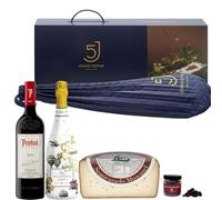 ENOVINOS Cesta Gourmet Regalo Navidad Empresas, Familia y Amigos - Caja con Paleta 5 Cinco Jotas, Vino Tinto Protos, Vino Blanco Atlántica, Queso Molinos y Rocas de Chocolate de Raúl Asencio