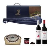 ENOVINOS Cesta Gourmet Regalo Navidad Empresas, Familia y Amigos - Caja con Paleta 5 Jotas, Vino Tinto Melior Matarromera, Protos, Queso Molinos y Rocas de Chocolate de Raúl Asencio