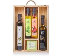 ENOVINOS THE WINE BRAND Estuche Regalo Grande de Madera de la Chinata Aceite de Oliva Virgen Extra, AOVE en Rama, Condimento de Albahaca, Condimento de Guindilla y Jabón al Aceite de Oliva - ENOVINOS