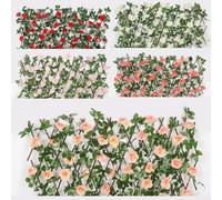 Enrejado expandible con patrón de flores artificiales y hojas para paredes de jardín, valla telescópica de madera adecuada para uso en interiores y exteriores (rosa oscuro)