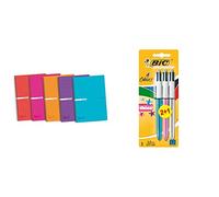 Enri, Cuadernos A4 (Folio), Cuadrícula 4x4 Tapa Plástico, 80 Hojas. Pack 5 Libretas, Colores Aleatorios + BIC 4 Colores Bolígrafos Retráctiles, Shine, Colores Metálicos, Punta Media (1,0mm)