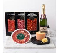 ENRIQUE TOMÁS - Pack Disfrutar Selección: 1 plato de Jamón de Cebo de Campo 50% raza ibérica + Lomo + Salchichón + Chorizo de Bellota + Queso Tête de Moine y Cava Juvé & Camps