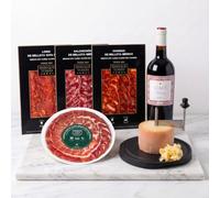 ENRIQUE TOMÁS - Pack Disfrutar Selección: Plato de Jamón de Cebo de Campo 50% raza ibérica + Lomo + Salchichón + Chorizo de Bellota + Queso Tête de Moine y Vino Tinto Izadi