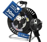 Enrollacables de Carrete 30 m IP44 - Carrete de Cable Eléctrico con 4 Tomas Schuko 3×1,5 mm² Enrollador 230V 2000W - Tambor De Cable para Jardín y Garaje - Alargador Eléctrico Exterior- Horoz Electric