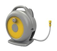 Enrollador automático de manguera de 15 m, resistente y portátil, con extracción automática, bloqueable, listo para usar con boquilla, manguera y accesorios