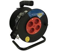 Enrollador extensible 25m, 4 tomas, 3x1.5mm, 3600W, 16A, IP20; ideal para uso en interiores y conectar múltiples dispositivos eléctricos.