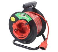 Enrollador extensible exterior 25m IP20 3x1,5mm para uso en espacios al aire libre y conexión de equipos eléctricos.
