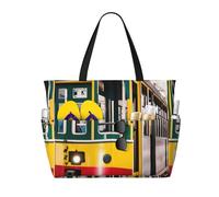 ENRPTY Bolsa de viaje de playa de gran capacidad con estampado de tranvía de Lisboa con cremallera, ligera, plegable para vacaciones