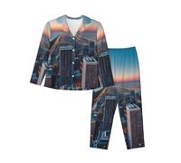 ENRPTY Chicago Illinois USA 1 - Conjunto de pijama de manga larga para mujer, con bolsillos, botones, suave, tallas S-XXL, Negro -, M