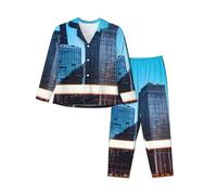 ENRPTY Chicago Reflect Print - Conjunto de pijama de manga larga para mujer con bolsillos y botones, ropa de descanso suave, tallas S-XXL, Negro -, Large