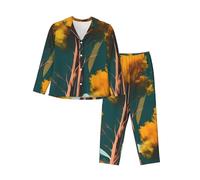 ENRPTY Conjunto de pijama de manga larga para mujer con estampado de árboles y sol de National Parks, con bolsillos, ropa de descanso suave, tallas S-XXL, Negro -, Large